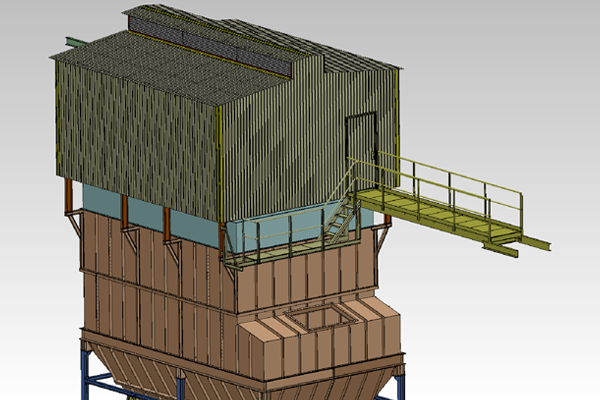 Indústria Cimento e Calcário, Casa de filtros, silos de coque com sistemas de alimentação pneumática, silos de enchimento e estruturas de suporte para outros silos.