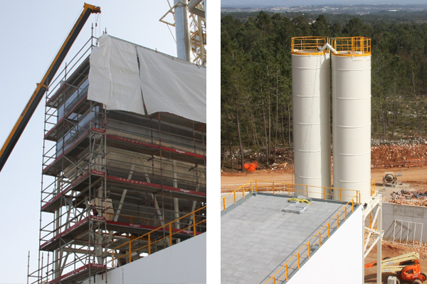 Indústria Cimento e Calcário, Casa de filtros, silos de coque com sistemas de alimentação pneumática, silos de enchimento e estruturas de suporte para outros silos.